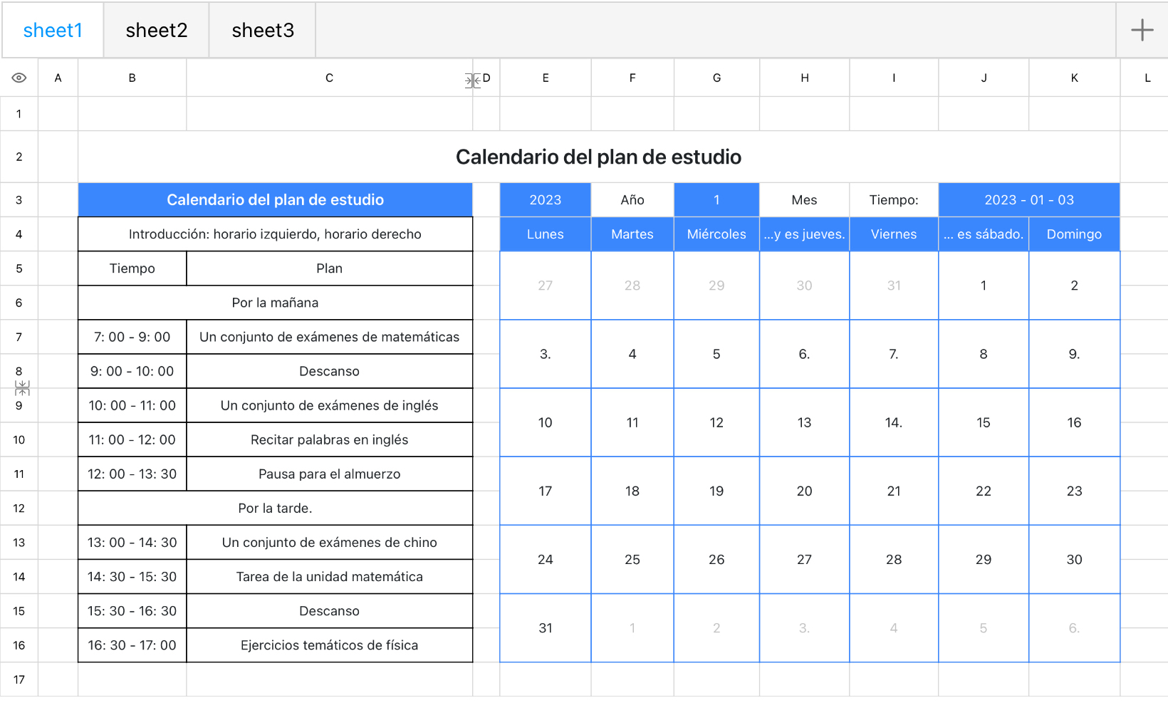 Calendario del plan de estudio